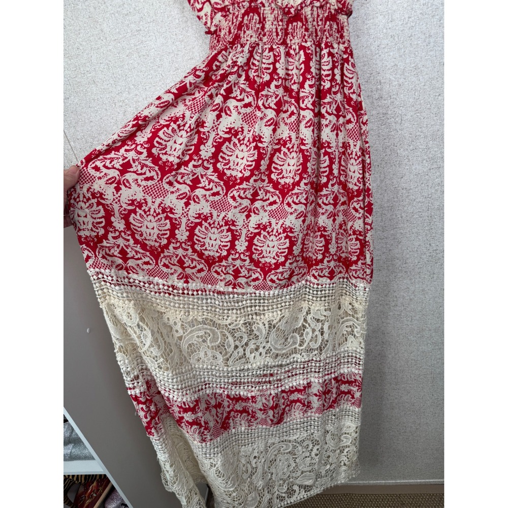 Anthropologie Sunday in Brooklyn Maxi Dress XS Red & Cream Print Lace Hem - Picture 6 of 8